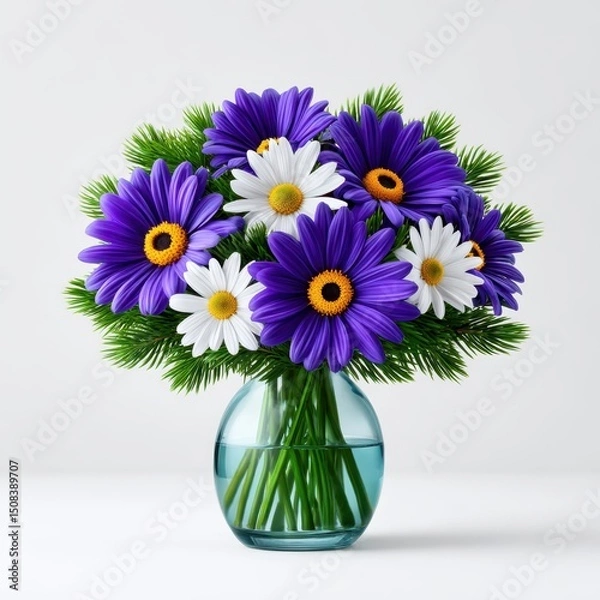 Fototapeta Floral arrangement with purple and white daisies isolated on white background