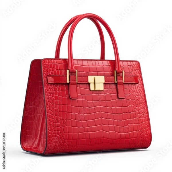 Fototapeta Red crocodile pattern handbag isolated on white background