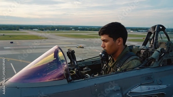 Obraz Pilot in jet cockpit at airfield