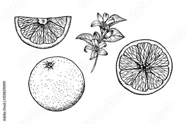 Obraz Orange engraved drawing set. Natural outline sketch in botanical style for cooking, spa, medicinal tea, and garden beauty. Hand-drawn vector floral clipart on white background