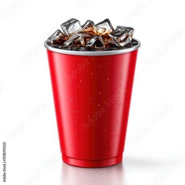 Fototapeta Red cup filled with cola and ice on white background