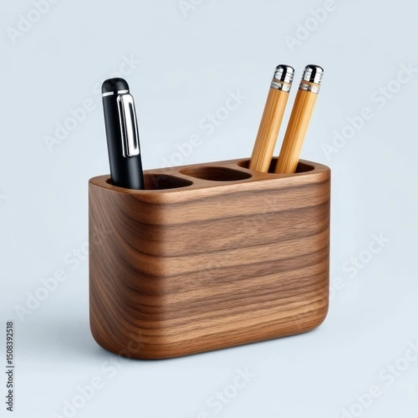 Fototapeta Wooden pen holder with writing utensils on white background