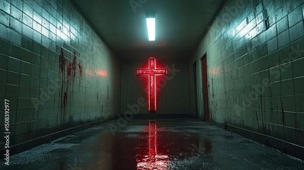 Obraz Red cross neon hallway