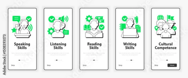 Obraz Language learning competences mobile onboarding screen. Speaking, reading skills UX UI illustration. Flat outline style icons with green accent. Informa Pro Bold, Montserrat Light fonts used