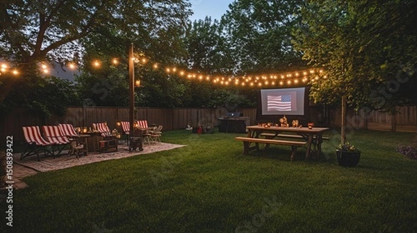 Fototapeta Backyard setup with projector for patriotic movie night.