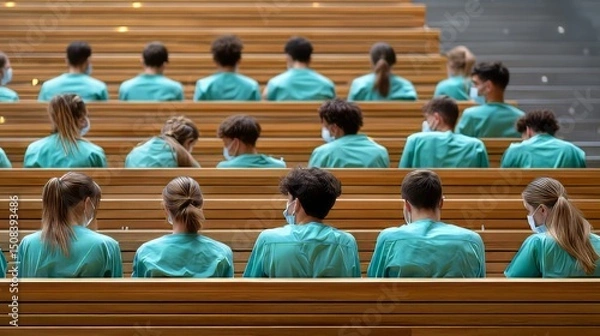 Fototapeta Medical students wearing protective masks seated in lecture hall, maintaining social distance during coronavirus learning session,Medical students