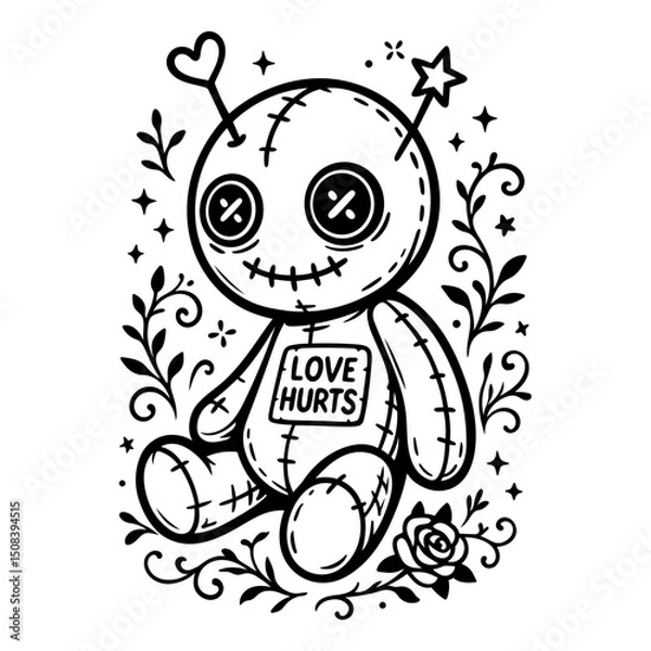 Fototapeta Halloween Voodoo-Puppe mit „Love Hurts“ Schild - schwarz-weiße Tattoo-Style Illustration mit Herz, Stern, Knopfaugen und floralen Ornamenten
