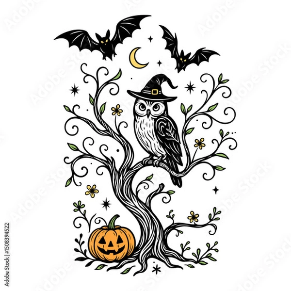 Fototapeta Halloween Eule auf magischem Baum mit Kürbis, Mond und Fledermäusen - verspielte Vektorillustration mit Hexenhut auf weißem Hintergrund