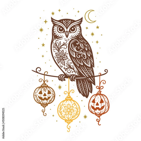 Fototapeta Verzierte Eule mit Kürbislaternen, Halbmond und Sternenhimmel - elegante Halloween-Vektorillustration in Braun-Orange auf Weiß