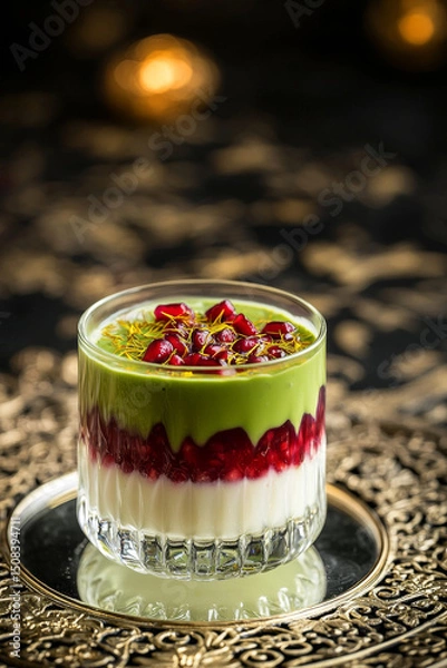 Obraz Luxurious oriental matcha drink in layered glass with pomegranate, milk, and saffron on elegant tray with warm lighting and gold accents – exotic and high-end beverage presentation


