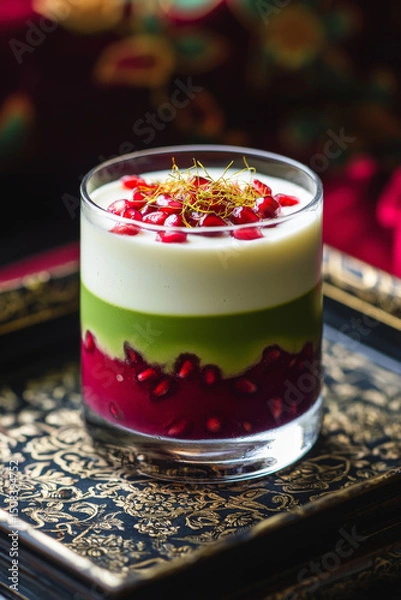 Obraz Luxurious oriental matcha drink in layered glass with pomegranate, milk, and saffron on elegant tray with warm lighting and gold accents – exotic and high-end beverage presentation

