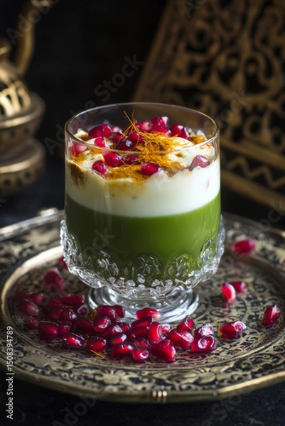 Obraz Luxurious oriental matcha drink in layered glass with pomegranate, milk, and saffron on elegant tray with warm lighting and gold accents – exotic and high-end beverage presentation

