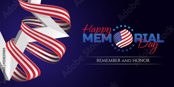 Obraz Happy Memorial Day kartkę z życzeniami z wstążką kolory flagi narodowej i białą gwiazdą na ciemnym tle. Pamiętaj i cześć. Może być używany do projektowania witryny internetowej lub drukowania publikacji i innych.