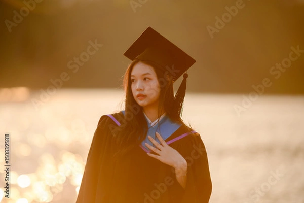 Fototapeta Asian woman graduate in cap and gown, posing by a golden, shimmering lake during sunset, signifying achievement and future aspirations.