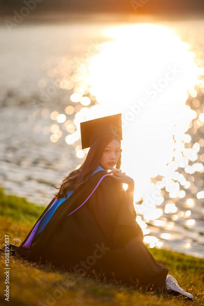 Fototapeta asian female graduate in a black academic gown and cap sits on the grass near a shimmering lake, looking back under warm golden sunlight during sunset.

