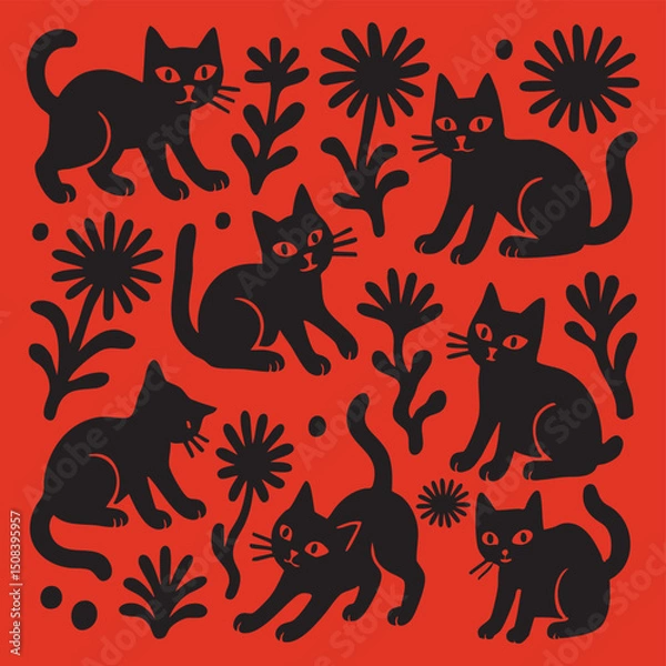 Fototapeta Playful Cat Pattern Illustration