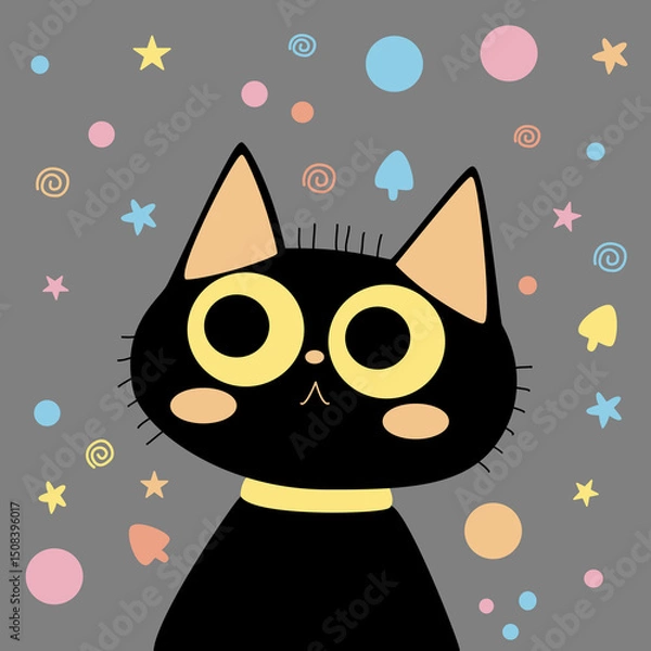 Obraz cute funny black cat and drawn vector illustration design. Ideal for cards, print, poster and doodle cat style.