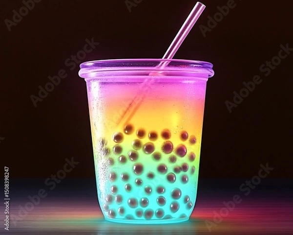 Obraz Refreshing rainbow boba tea delight with a clear straw perfect for a summer treat against a dark