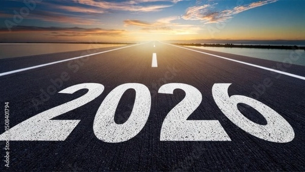 Fototapeta Bold road leading into horizon with year 2026 marked under colorful sky at sunset by the coast