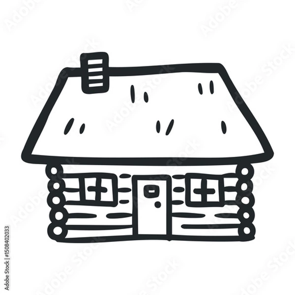 Fototapeta Simple hand-drawn log cabin illustration with chimney detail – stock vector icon in line drawing style