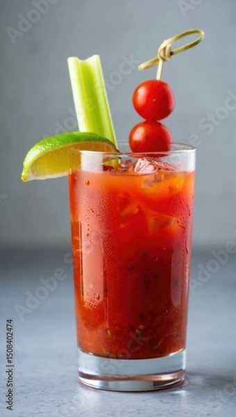 Fototapeta Refreshing cocktail served with celery and cherry tomatoes garnished in a tall glass setting