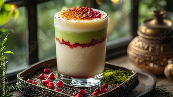 Obraz Luxurious oriental matcha drink in layered glass with pomegranate, milk, and saffron on elegant tray with warm lighting and gold accents – exotic and high-end beverage presentation

