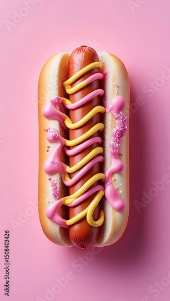 Fototapeta Colorful hot dog with yellow mustard and pink sauce on vibrant pink background