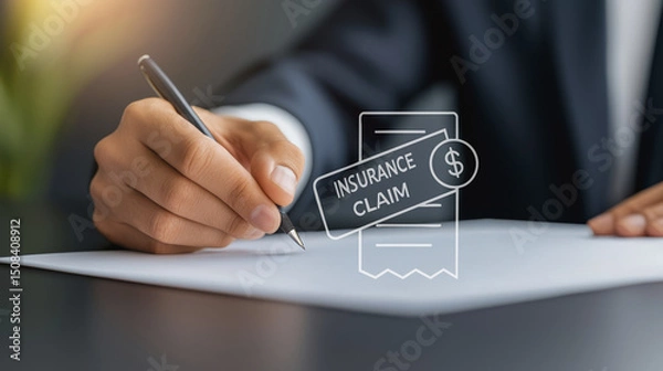 Obraz A person signs documents related to an insurance claim, symbolizing financial protection and paperwork.