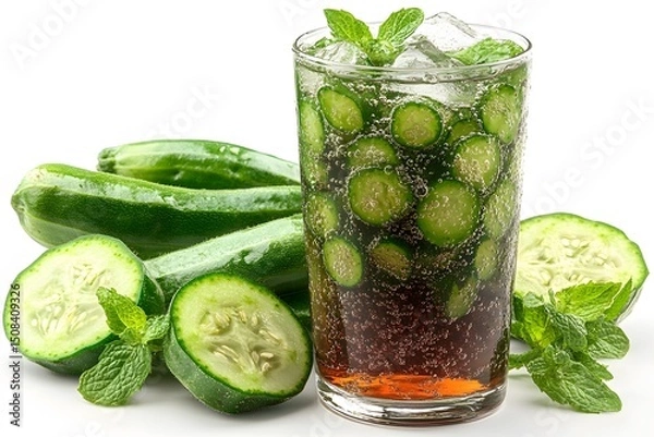 Obraz Refreshing Cucumber Mint Soda with Ice Perfect for Summer Hydration and Wellness