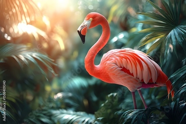 Obraz Vibrant Flamingo in Lush Tropical Habitat - Nature Photography for Posters and Decor