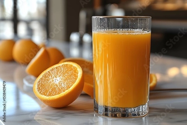 Obraz Freshly Squeezed Orange Juice with Whole and Sliced Oranges in a Glass for Breakfast