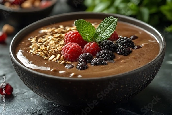 Obraz Healthy Breakfast Bowl with Granola, Raspberries, and Blackberries