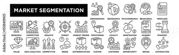 Obraz Market segmentation icon collection set. Demographic Analysis, Geographic Segmentation, Psychographic Analysis, Behavioral Segmentation, Customer Profiling