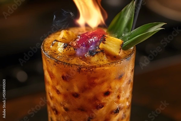 Obraz Exotic Flaming Cocktail with Grilled Pineapple and Colorful Garnish for Summer Parties