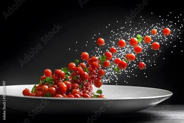 Obraz Dynamic Culinary Art: Cherry Tomatoes and Herbs with Salt Splash on Black Background