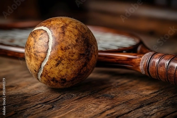 Obraz Vintage Tennis: Rustic Wooden Racket with Weathered Ball on Wooden Surface