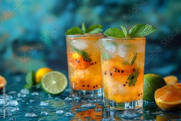 Obraz Refreshing Citrus Mint Cocktail with Ice on a Vibrant Summer Day Scene