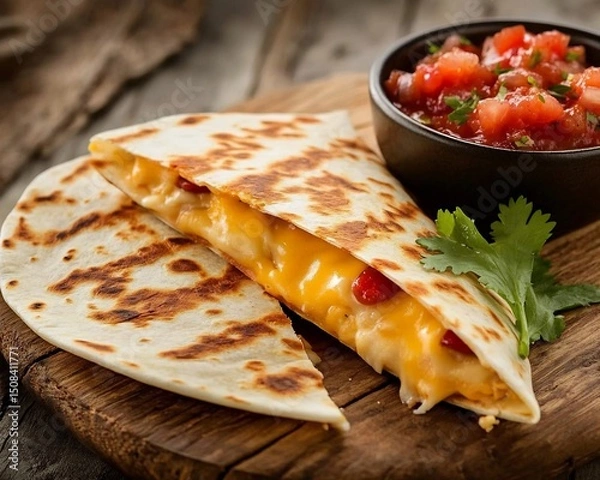Obraz A cheesy quesadilla oozing comfort perfect for a casual meal served with fresh salsa on rustic wood