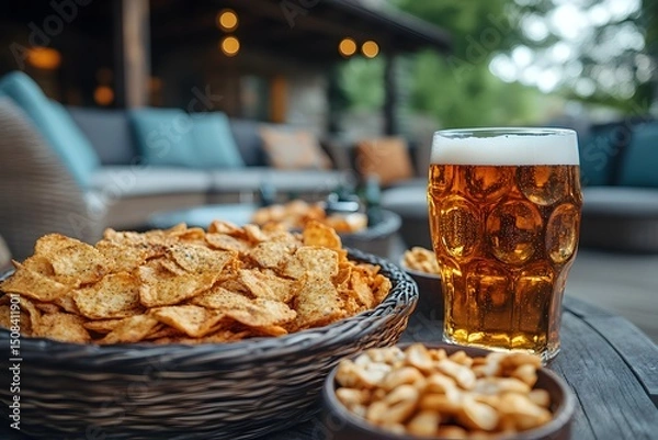 Obraz Outdoor Lounge Setting with Refreshing Beer and Savory Snacks for Relaxation