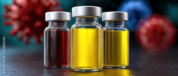 Fototapeta vaccine virus trial concept. Three colorful vials with stoppers against a blurred background, suggesting medical or scientific use.