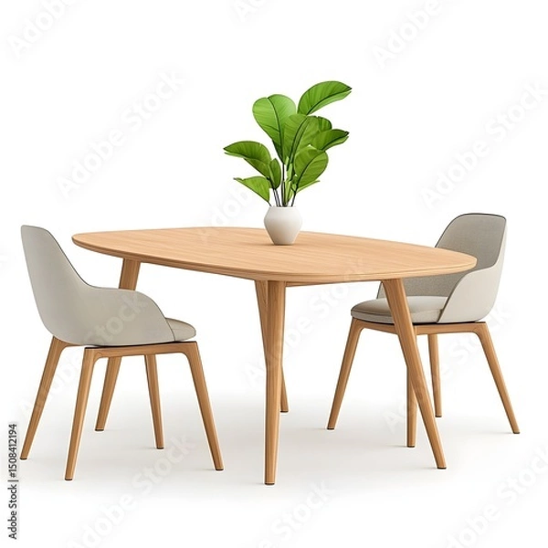 Fototapeta 
Oval wooden dining table with two chairs and plant - 3D render