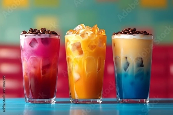 Obraz Colorful Assorted Iced Beverages Against Vibrant Backdrop for Summer Refreshment