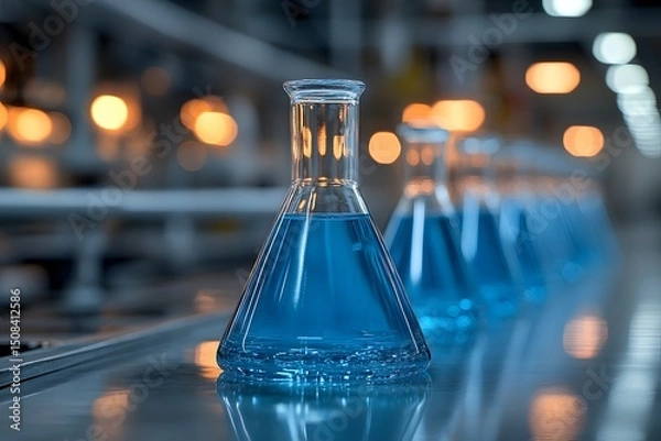 Obraz Blue Liquid in Laboratory Flask on Industrial Conveyor Line - Scientific and Technological Innovation