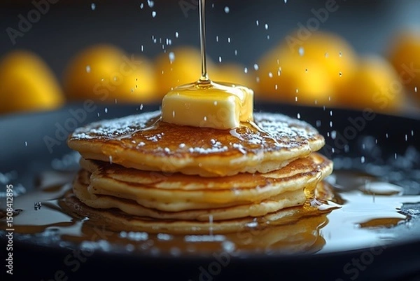 Obraz Stack of Fluffy Pancakes Drizzled with Syrup and Melting Butter