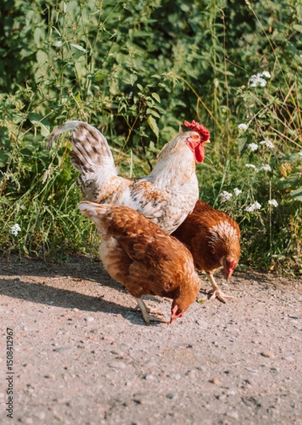 Obraz White Rooster and hens on grass