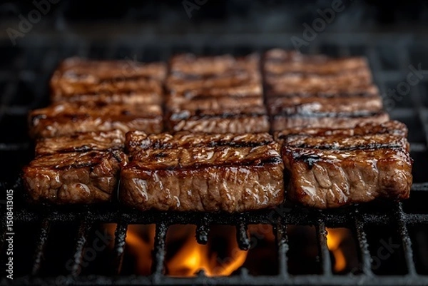 Obraz Grilled BBQ Ribs Over Open Flame for Summer Cookout and Barbecue Design