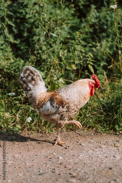 Obraz white rooster with a leg up