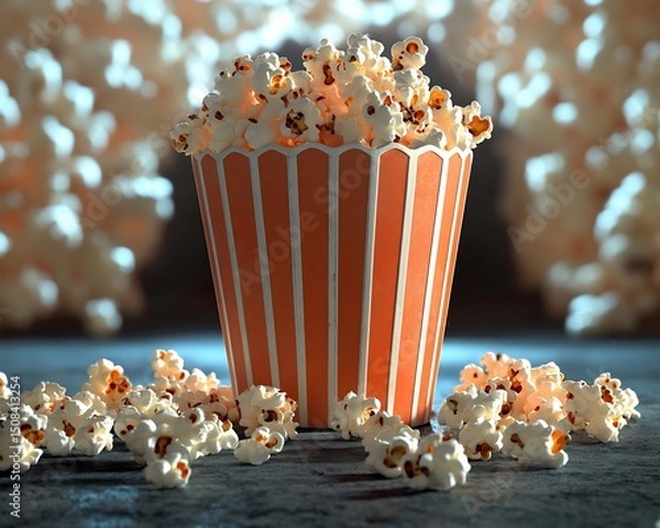 Obraz A tempting bucket of popcorn overflowing with fluffy kernels evokes movie nights and cozy moments in