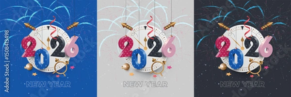 Fototapeta Festive New Year 2026 with 3D hanging numbers, clock and festive fireworks. 2026 New Year square template