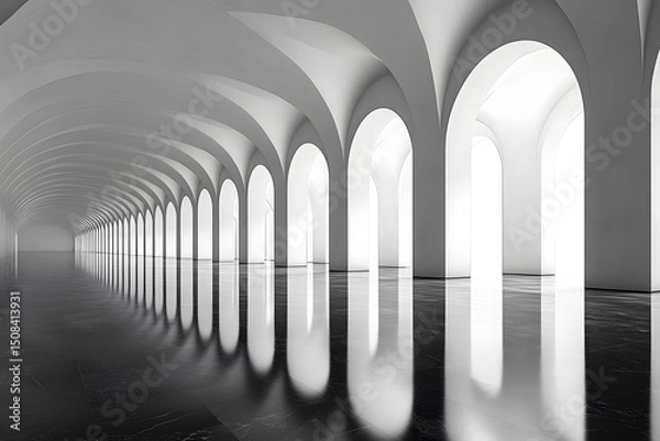 Obraz Modern Architectural Design with Endless White Arches and Reflective Black Floor